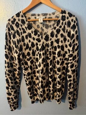Rachel Zoe 100% 2 Ply Cashmere Women's Leopard Print V-Neck Sweater
